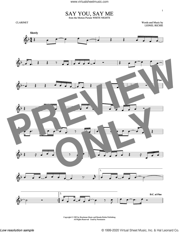 Say You, Say Me sheet music for clarinet solo by Lionel Richie, intermediate skill level
