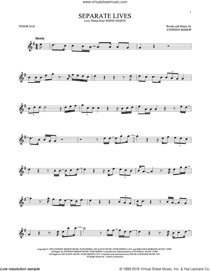 Separate Lives sheet music for tenor saxophone solo by Phil Collins & Marilyn Martin and Stephen Bishop, intermediate skill level