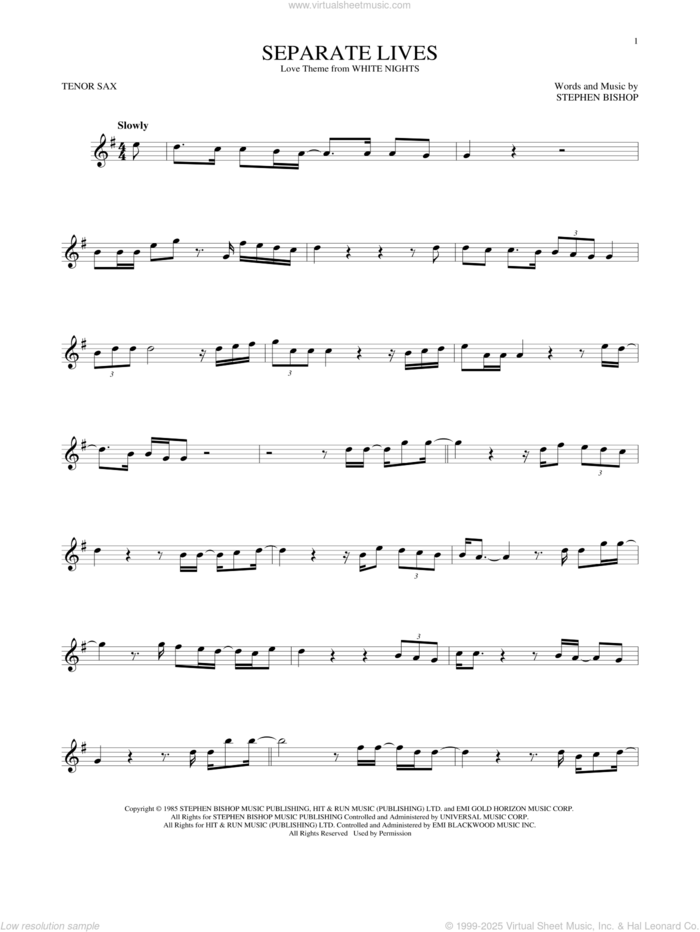 Separate Lives sheet music for tenor saxophone solo by Phil Collins & Marilyn Martin and Stephen Bishop, intermediate skill level