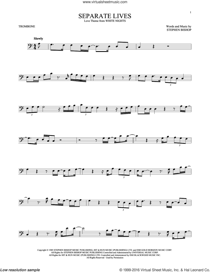 Separate Lives sheet music for trombone solo by Phil Collins & Marilyn Martin and Stephen Bishop, intermediate skill level