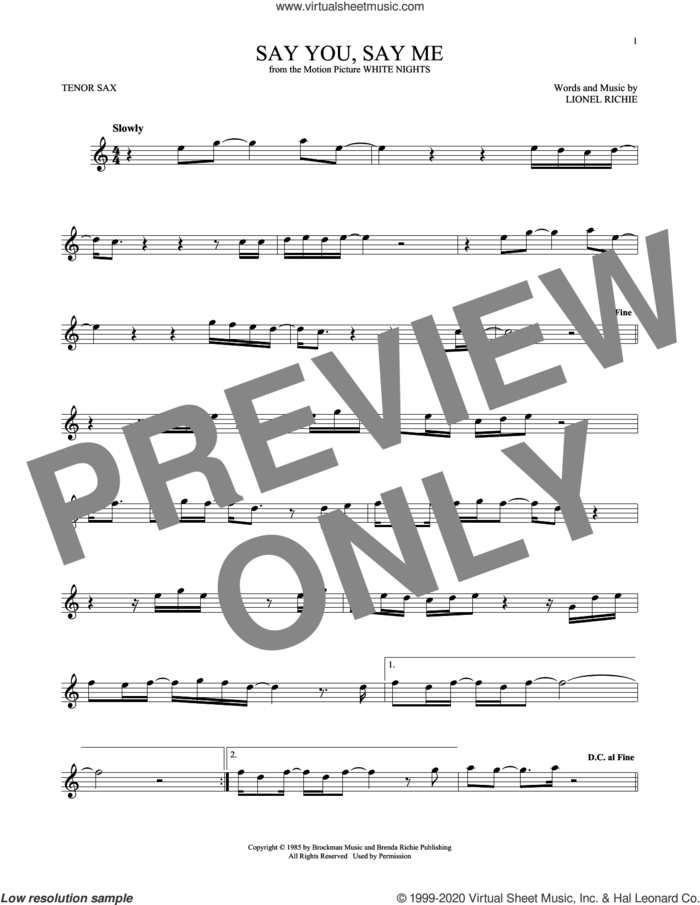 Say You, Say Me sheet music for tenor saxophone solo by Lionel Richie, intermediate skill level
