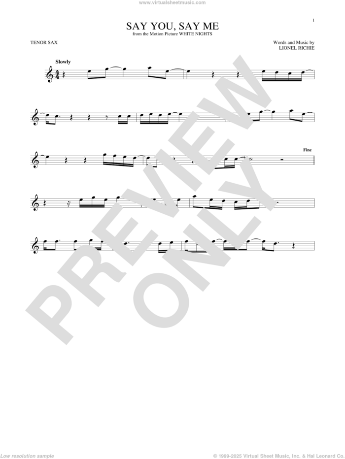 Say You, Say Me sheet music for tenor saxophone solo by Lionel Richie, intermediate skill level