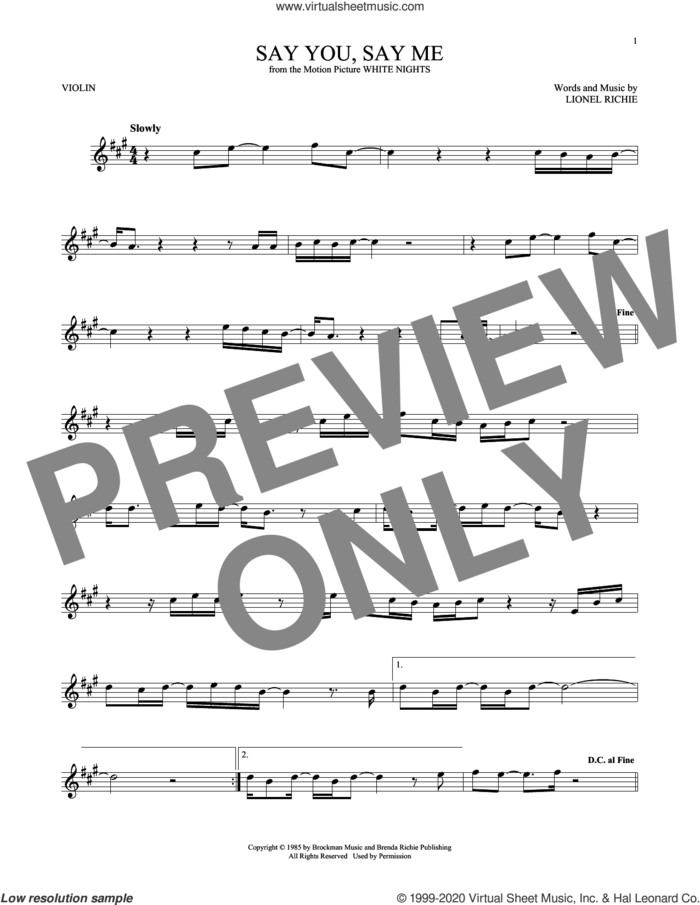 Say You, Say Me sheet music for violin solo by Lionel Richie, intermediate skill level