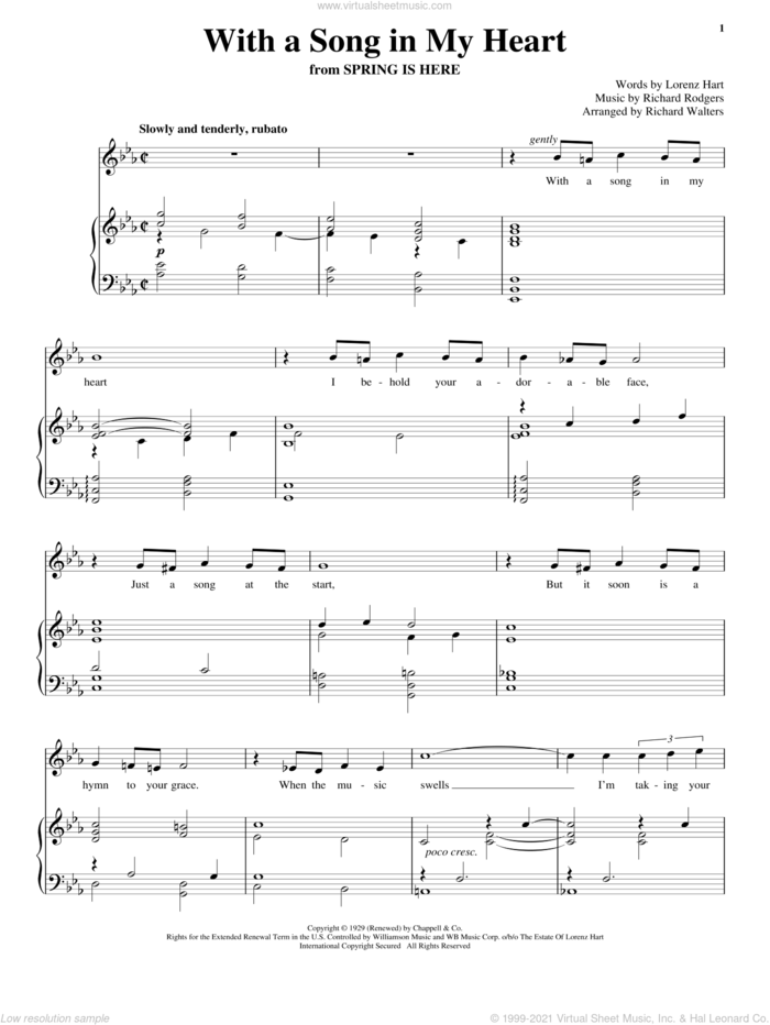 With A Song In My Heart sheet music for voice and piano by Rodgers & Hart, Lorenz Hart and Richard Rodgers, intermediate skill level