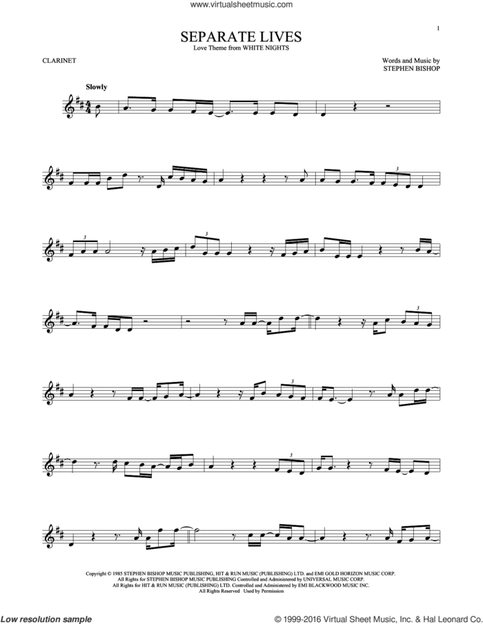 Separate Lives sheet music for clarinet solo by Phil Collins & Marilyn Martin and Stephen Bishop, intermediate skill level