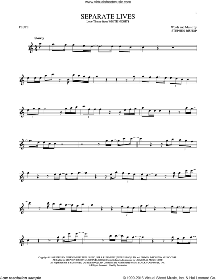 Separate Lives sheet music for flute solo by Phil Collins & Marilyn Martin and Stephen Bishop, intermediate skill level