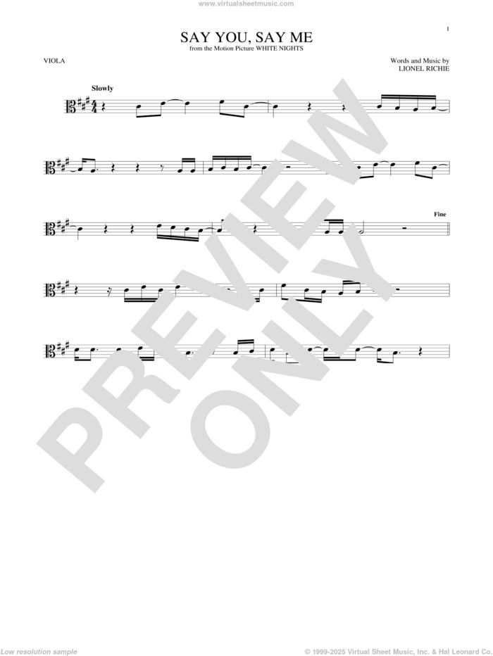 Say You, Say Me sheet music for viola solo by Lionel Richie, intermediate skill level