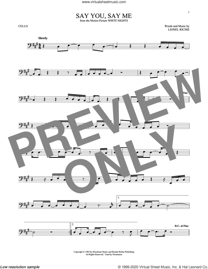 Say You, Say Me sheet music for cello solo by Lionel Richie, intermediate skill level