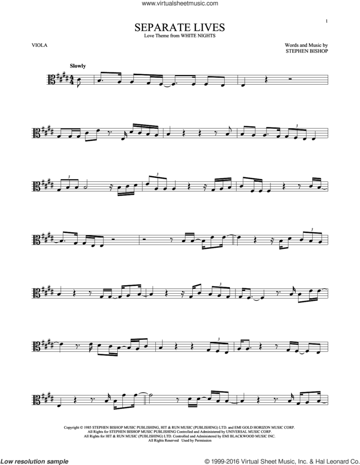 Separate Lives sheet music for viola solo by Phil Collins & Marilyn Martin and Stephen Bishop, wedding score, intermediate skill level