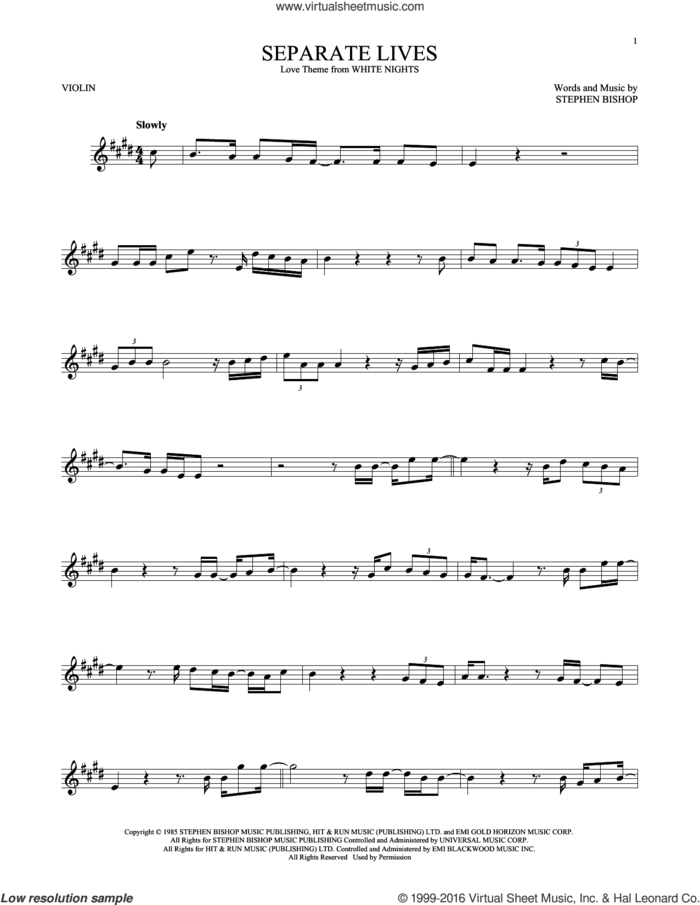 Separate Lives sheet music for violin solo by Phil Collins & Marilyn Martin and Stephen Bishop, intermediate skill level