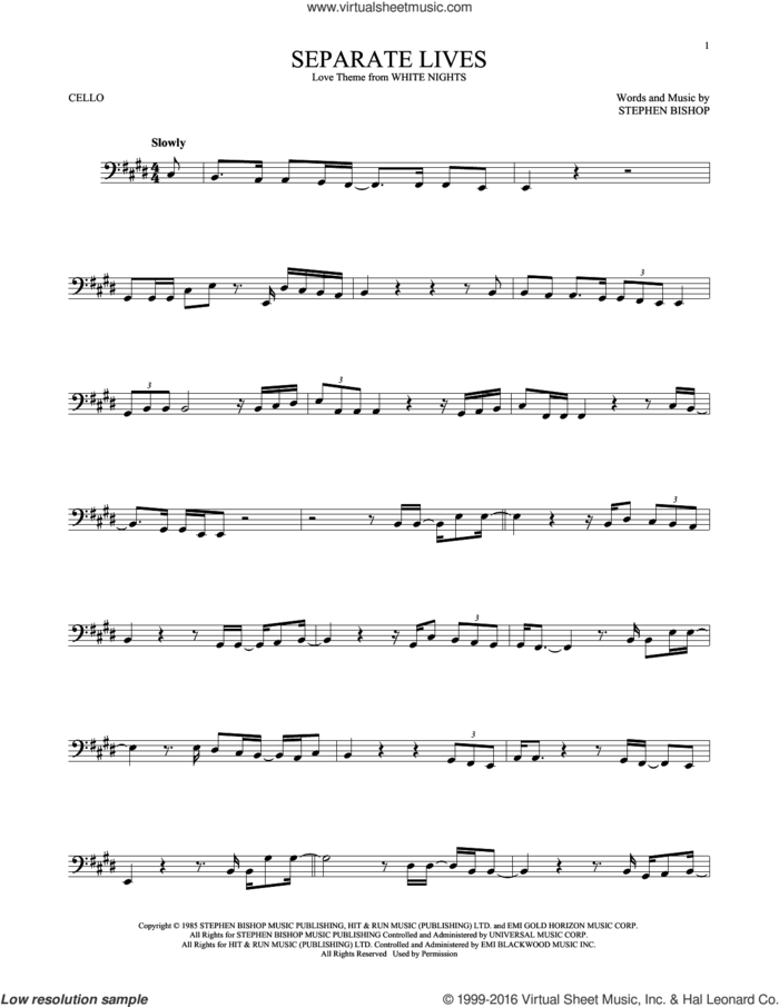 Separate Lives sheet music for cello solo by Phil Collins & Marilyn Martin and Stephen Bishop, intermediate skill level