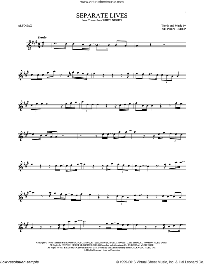Separate Lives sheet music for alto saxophone solo by Phil Collins & Marilyn Martin and Stephen Bishop, wedding score, intermediate skill level