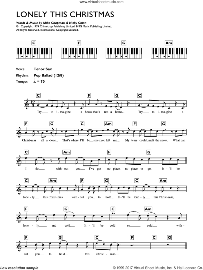Lonely This Christmas sheet music for piano solo (chords, lyrics, melody) by Mud, Mike Chapman and Nicky Chinn, intermediate piano (chords, lyrics, melody)