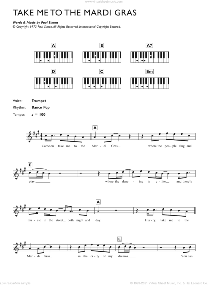 Take Me To The Mardi Gras sheet music for piano solo (chords, lyrics, melody) by Paul Simon, intermediate piano (chords, lyrics, melody)