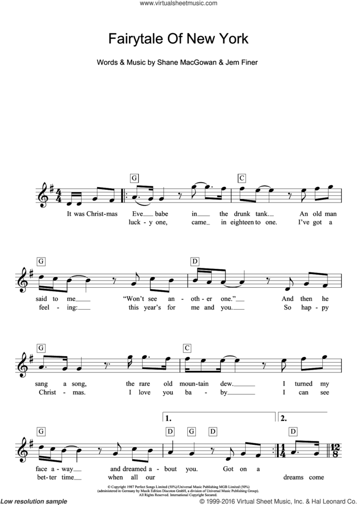 Fairytale Of New York sheet music for piano solo (chords, lyrics, melody) by The Pogues, Kirsty MacColl, The Pogues & Kirsty MacColl, Jem Finer and Shane MacGowan, intermediate piano (chords, lyrics, melody)