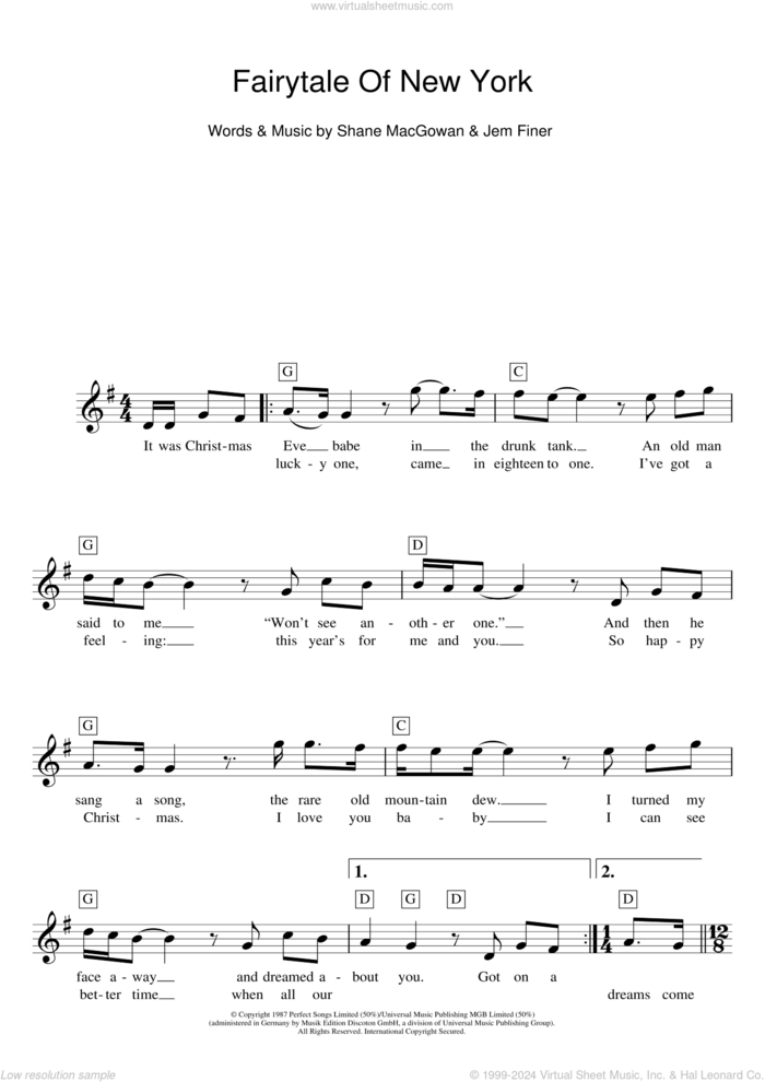 Fairytale Of New York sheet music for piano solo (chords, lyrics, melody) by The Pogues, Kirsty MacColl, The Pogues & Kirsty MacColl, Jem Finer and Shane MacGowan, intermediate piano (chords, lyrics, melody)