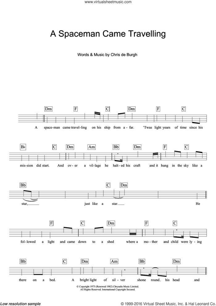 A Spaceman Came Travelling sheet music for voice and other instruments (fake book) by Chris de Burgh, intermediate skill level