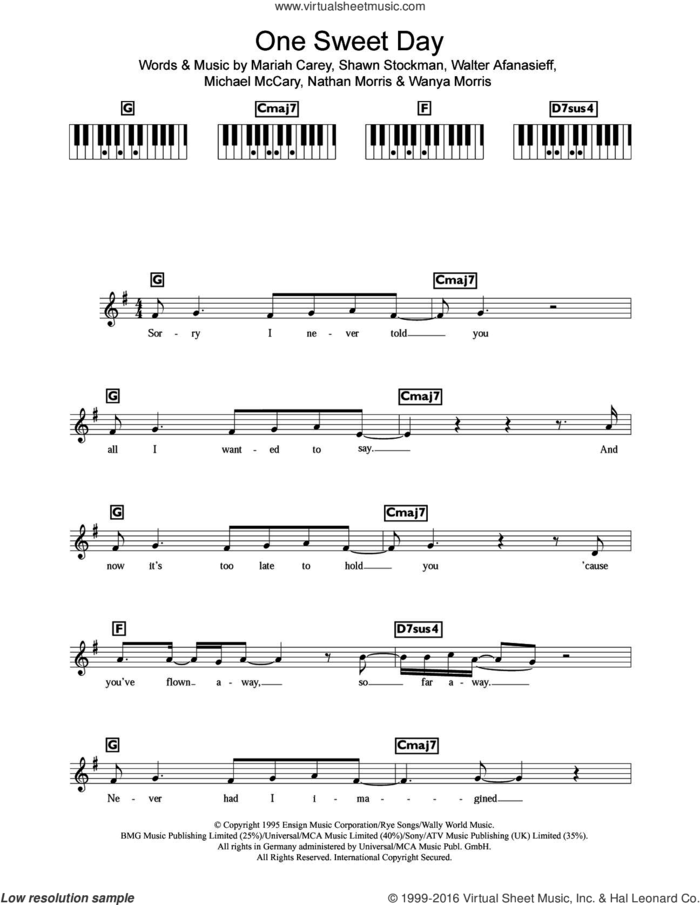 One Sweet Day sheet music for piano solo (chords, lyrics, melody) by Mariah Carey, Michael McCary, Nathan Morris, Shawn Stockman, Walter Afanasieff and Wanya Morris, intermediate piano (chords, lyrics, melody)