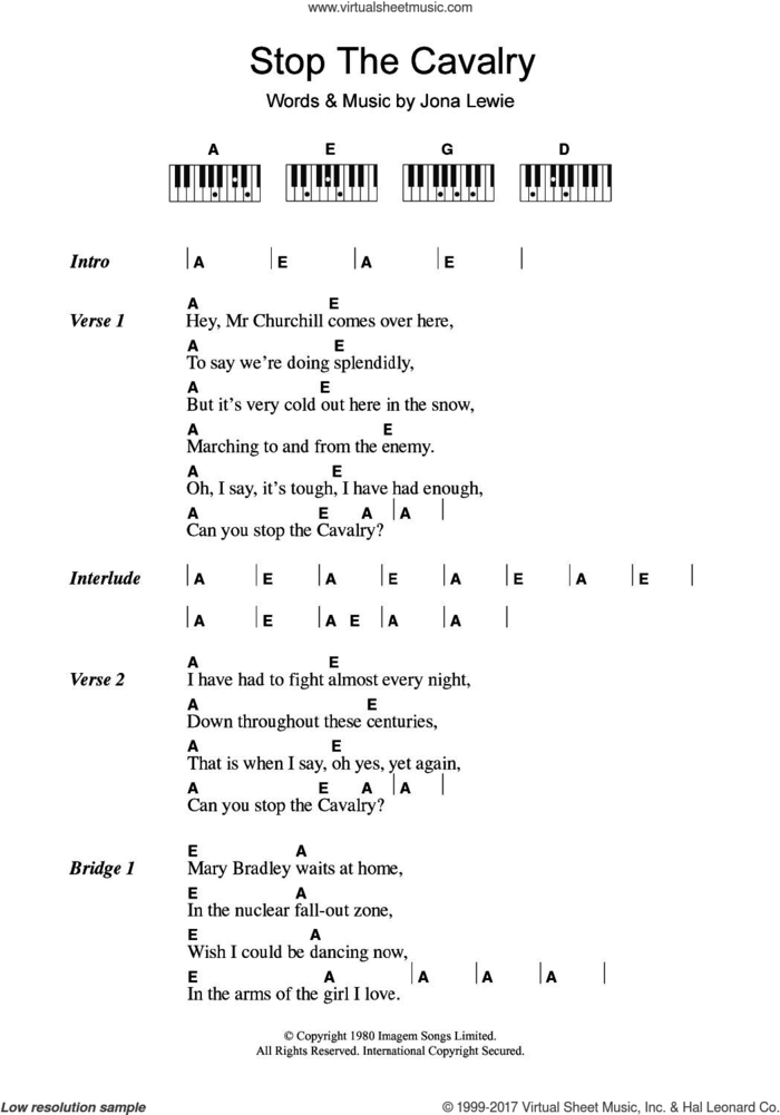 Stop The Cavalry sheet music for piano solo (chords, lyrics, melody) by Jona Lewie, intermediate piano (chords, lyrics, melody)