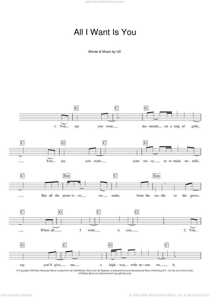 All I Want Is You sheet music for piano solo (chords, lyrics, melody) by U2, intermediate piano (chords, lyrics, melody)