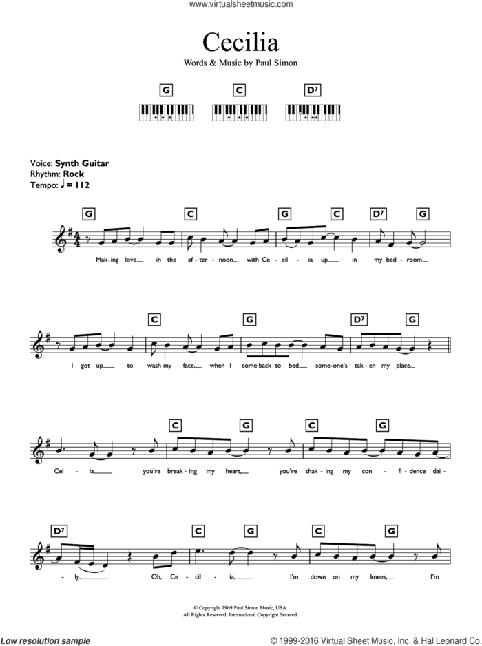 Cecilia sheet music for piano solo (chords, lyrics, melody) by Simon & Garfunkel and Paul Simon, intermediate piano (chords, lyrics, melody)