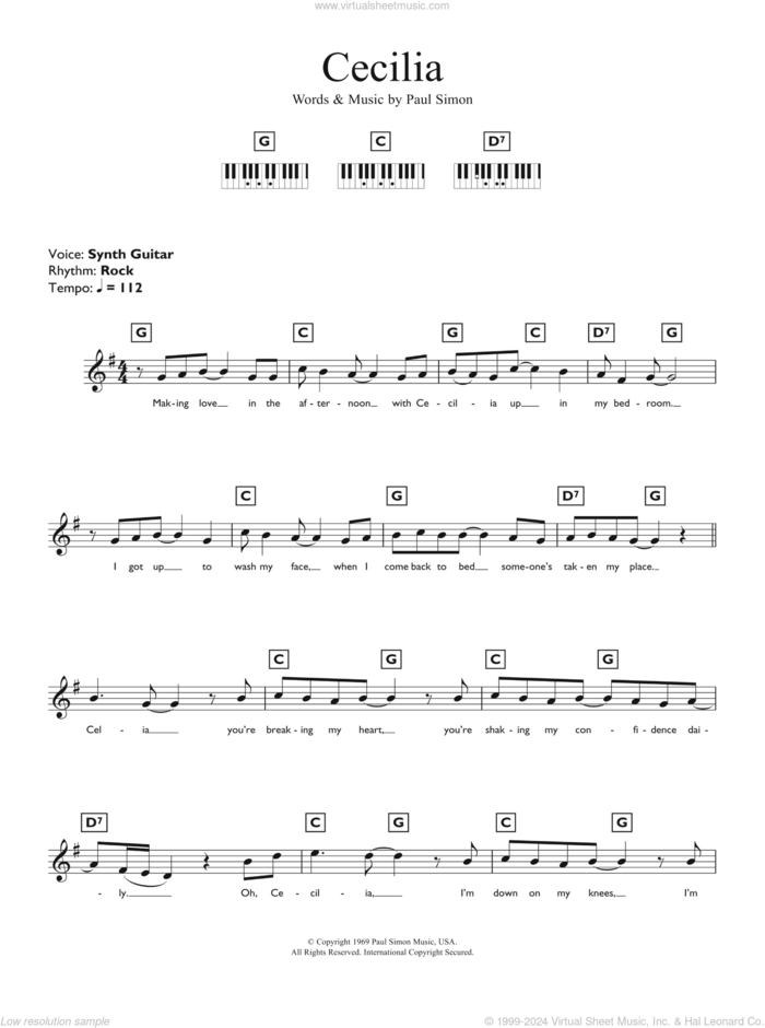 Cecilia sheet music for piano solo (chords, lyrics, melody) by Simon & Garfunkel and Paul Simon, intermediate piano (chords, lyrics, melody)