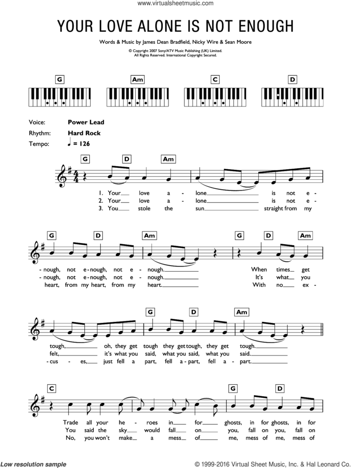 Your Love Alone Is Not Enough sheet music for piano solo (chords, lyrics, melody) by Manic Street Preachers, James Dean Bradfield, Nicky Wire and Sean Moore, intermediate piano (chords, lyrics, melody)