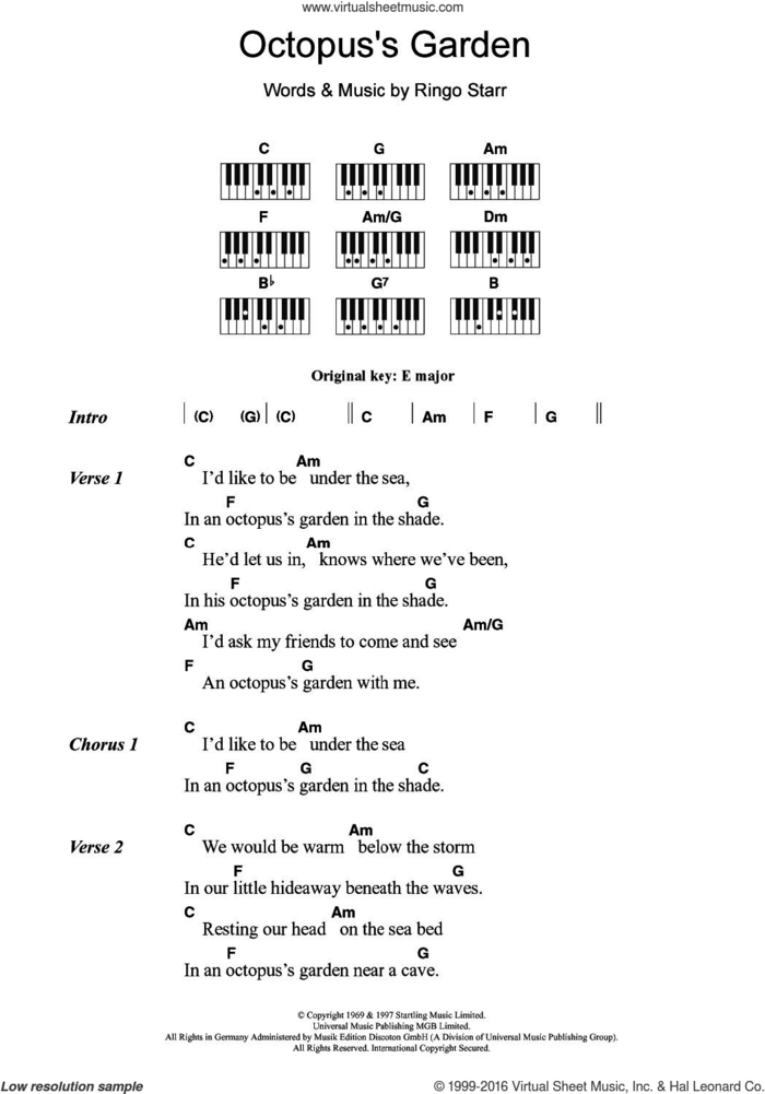 Octopus's Garden sheet music for piano solo (chords, lyrics, melody) by The Beatles and Ringo Starr, intermediate piano (chords, lyrics, melody)