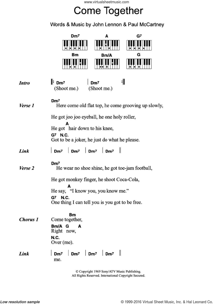 Come Together sheet music for piano solo (chords, lyrics, melody) by The Beatles, John Lennon and Paul McCartney, intermediate piano (chords, lyrics, melody)