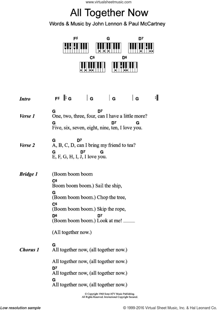All Together Now sheet music for piano solo (chords, lyrics, melody) by The Beatles, John Lennon and Paul McCartney, intermediate piano (chords, lyrics, melody)