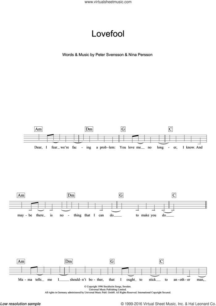Lovefool sheet music for voice and other instruments (fake book) by The Cardigans, Nina Persson and Peter Svensson, intermediate skill level
