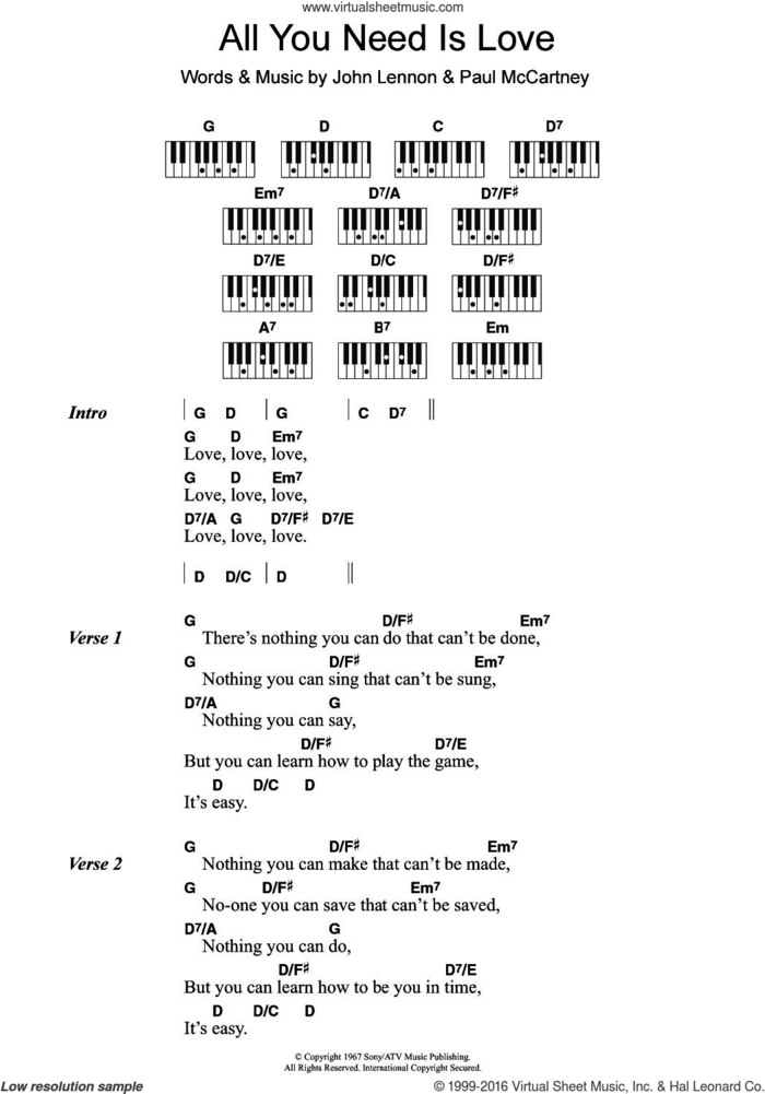 All You Need Is Love sheet music for piano solo (chords, lyrics, melody) by The Beatles, John Lennon and Paul McCartney, wedding score, intermediate piano (chords, lyrics, melody)