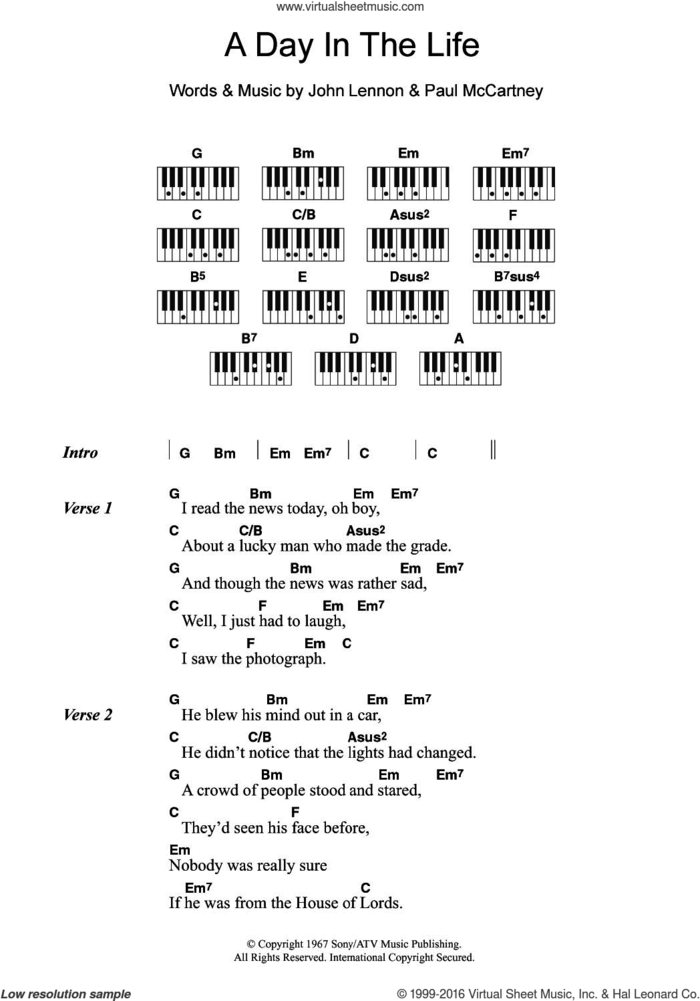A Day In The Life sheet music for piano solo (chords, lyrics, melody) by The Beatles, John Lennon and Paul McCartney, intermediate piano (chords, lyrics, melody)