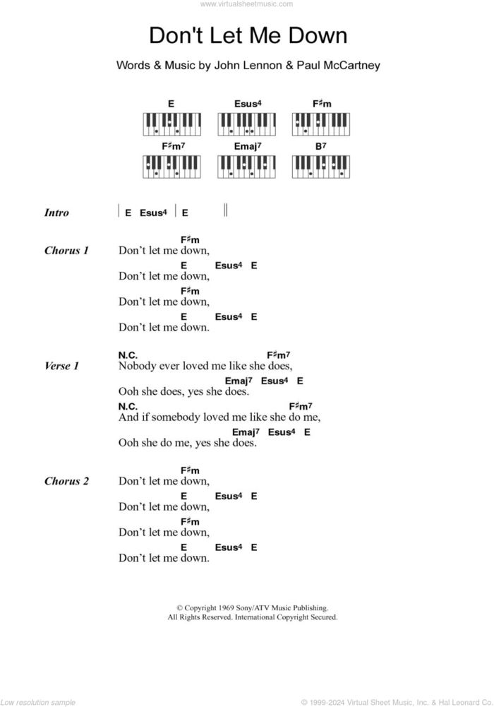 Don't Let Me Down sheet music for piano solo (chords, lyrics, melody) by The Beatles, John Lennon and Paul McCartney, intermediate piano (chords, lyrics, melody)