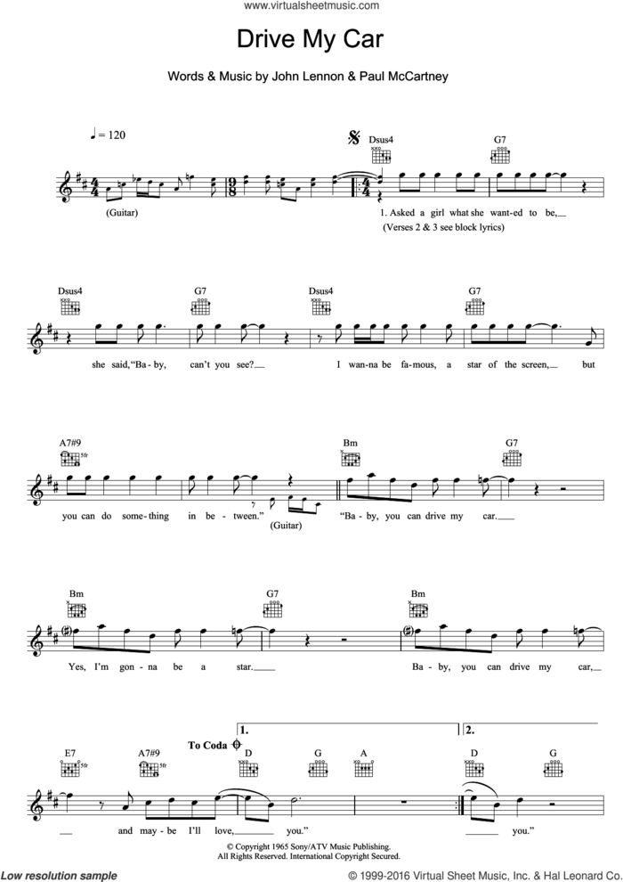 Drive My Car sheet music for voice and other instruments (fake book) by The Beatles, John Lennon and Paul McCartney, intermediate skill level