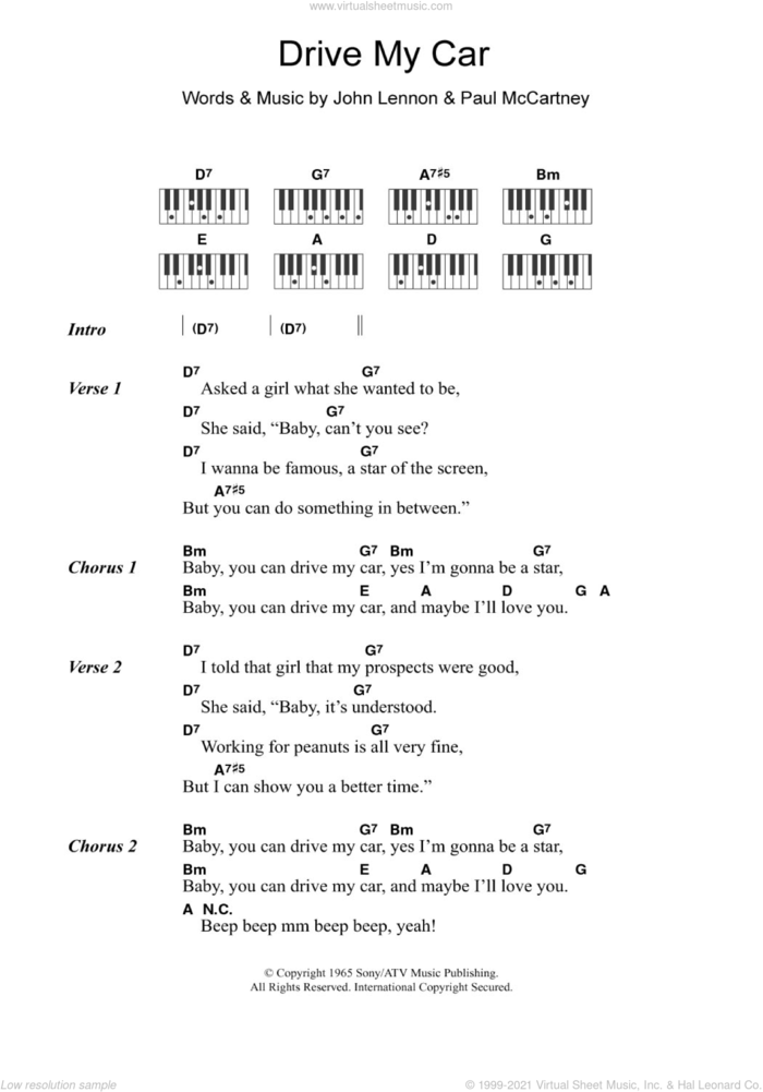 Drive My Car sheet music for piano solo (chords, lyrics, melody) by The Beatles, John Lennon and Paul McCartney, intermediate piano (chords, lyrics, melody)