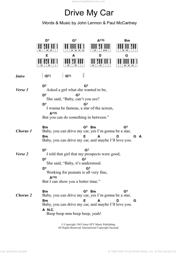 Drive My Car sheet music for piano solo (chords, lyrics, melody) by The Beatles, John Lennon and Paul McCartney, intermediate piano (chords, lyrics, melody)