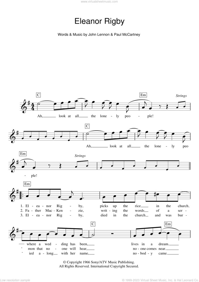 Eleanor Rigby sheet music for voice and other instruments (fake book) by The Beatles, John Lennon and Paul McCartney, intermediate skill level