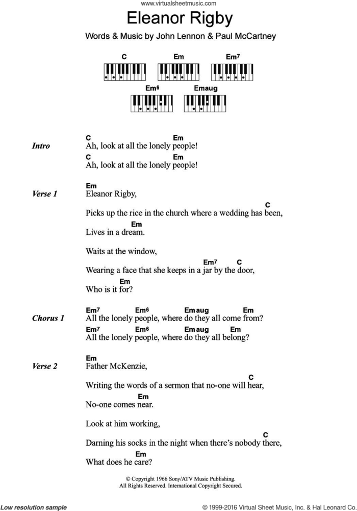 Eleanor Rigby sheet music for piano solo (chords, lyrics, melody) by The Beatles, John Lennon and Paul McCartney, intermediate piano (chords, lyrics, melody)