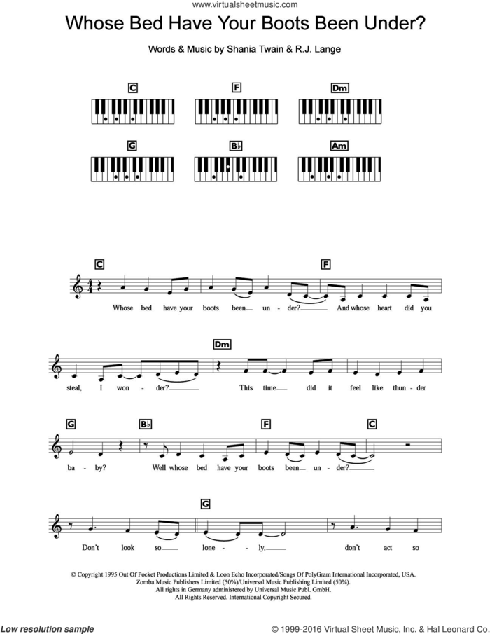 Whose Bed Have Your Boots Been Under? sheet music for piano solo (chords, lyrics, melody) by Shania Twain and Robert John Lange, intermediate piano (chords, lyrics, melody)