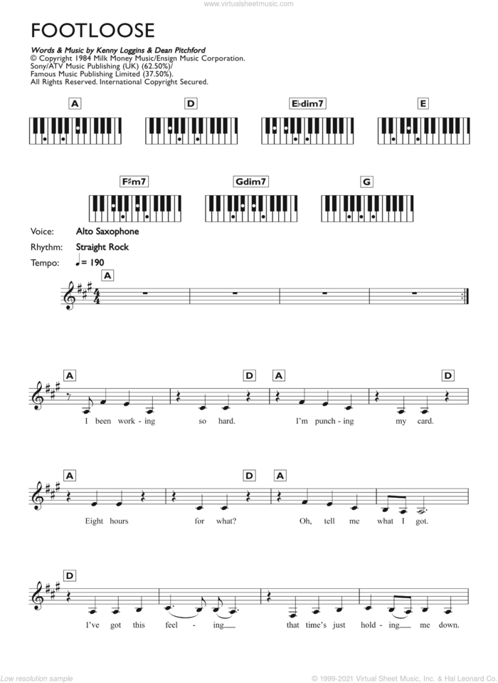 Footloose sheet music for piano solo (chords, lyrics, melody) by Kenny Loggins and Dean Pitchford, intermediate piano (chords, lyrics, melody)