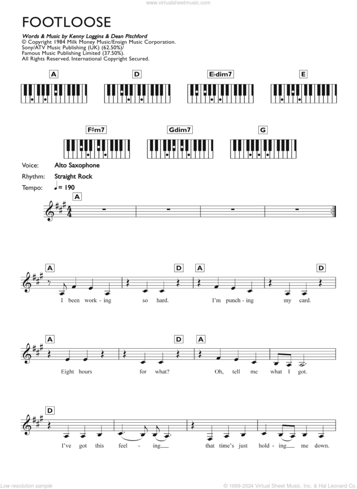 Footloose sheet music for piano solo (chords, lyrics, melody) by Kenny Loggins and Dean Pitchford, intermediate piano (chords, lyrics, melody)