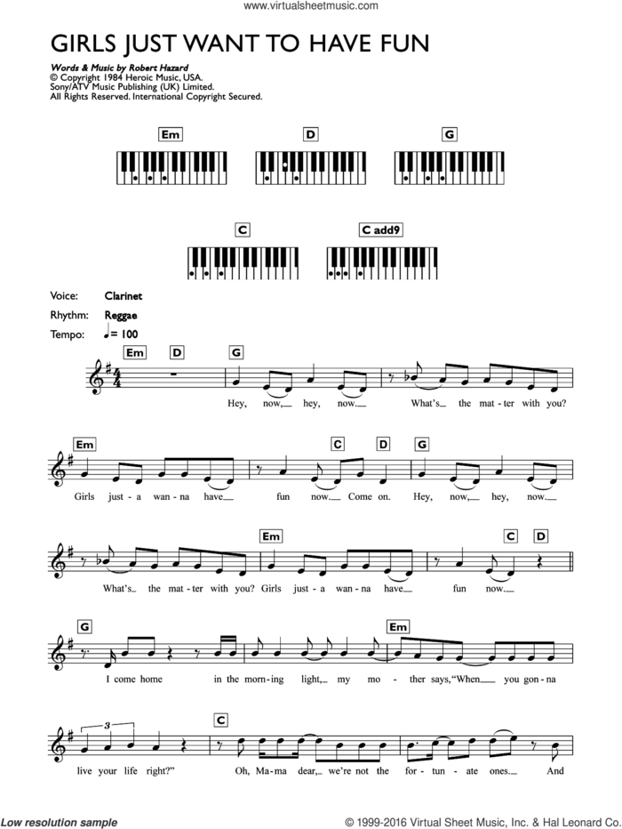 Girls Just Want To Have Fun sheet music for piano solo (chords, lyrics, melody) by Cyndi Lauper and Robert Hazard, intermediate piano (chords, lyrics, melody)