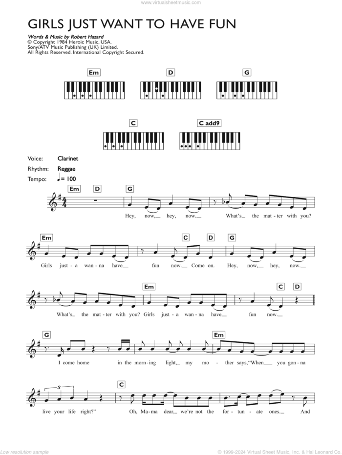 Girls Just Want To Have Fun sheet music for piano solo (chords, lyrics, melody) by Cyndi Lauper and Robert Hazard, intermediate piano (chords, lyrics, melody)