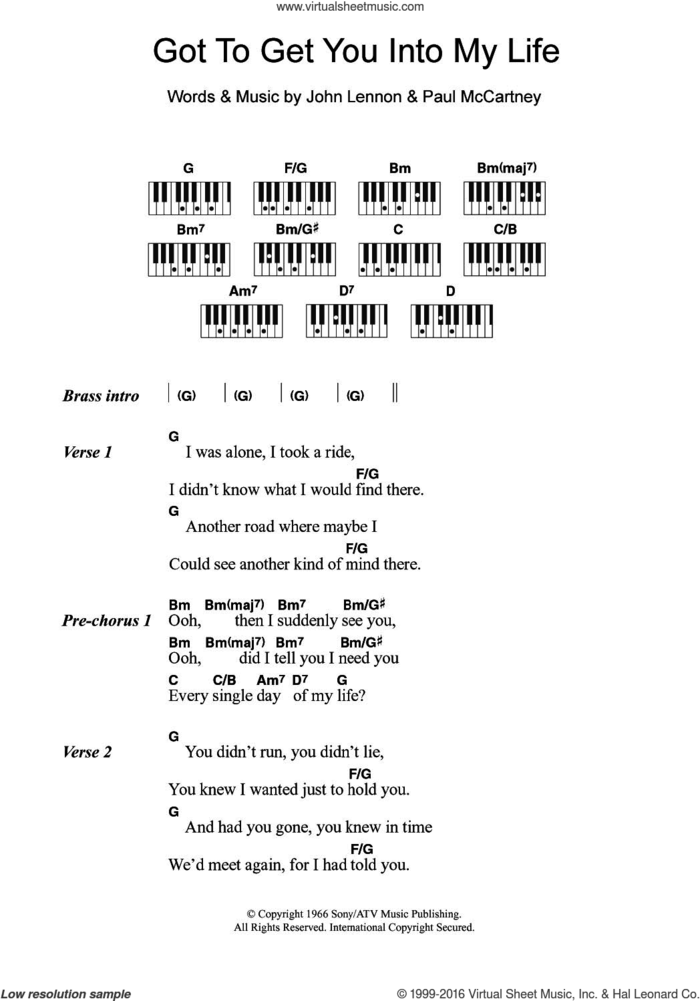 Got To Get You Into My Life sheet music for piano solo (chords, lyrics, melody) by The Beatles, John Lennon and Paul McCartney, intermediate piano (chords, lyrics, melody)