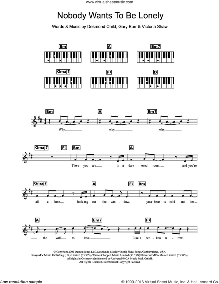 Nobody Wants To Be Lonely sheet music for piano solo (chords, lyrics, melody) by Ricky Martin, Christina Aguilera, Desmond Child, Gary Burr and Victoria Shaw, intermediate piano (chords, lyrics, melody)