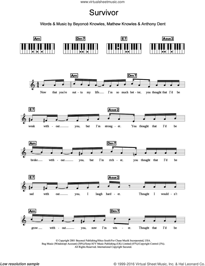 Survivor sheet music for piano solo (chords, lyrics, melody) by Destiny's Child, Anthony Dent, Beyonce and Mathew Knowles, intermediate piano (chords, lyrics, melody)