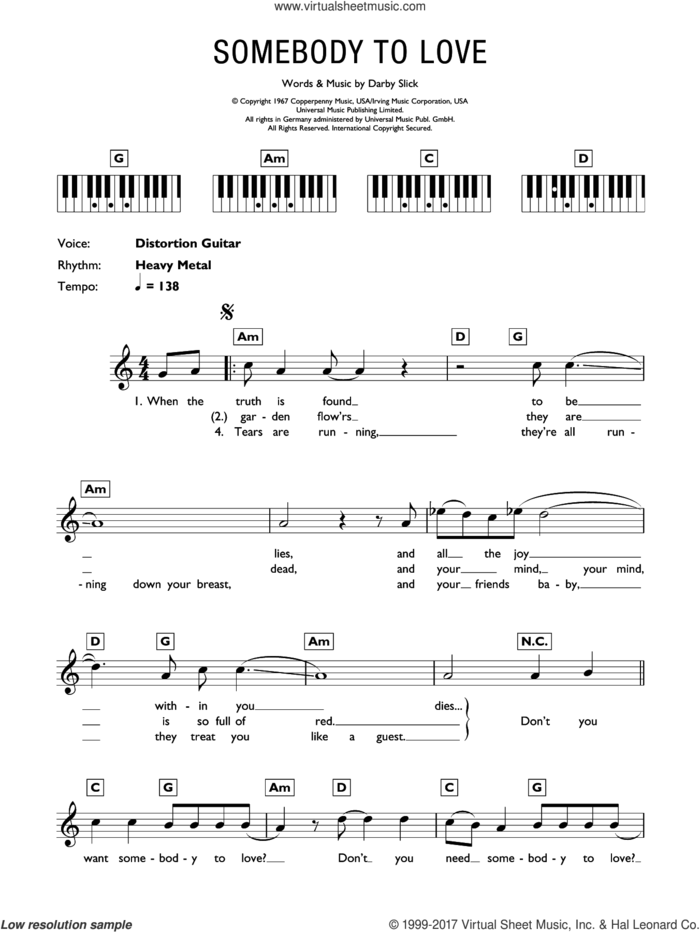 Somebody To Love, (intermediate) sheet music for piano solo (chords, lyrics, melody) by Jefferson Airplane and Darby Slick, intermediate piano (chords, lyrics, melody)