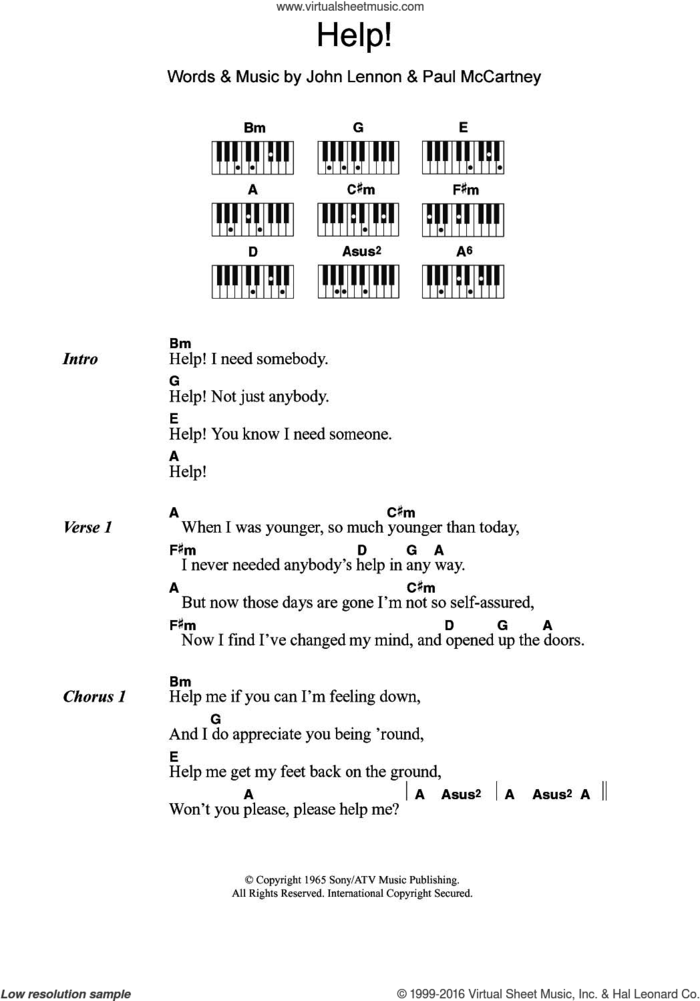 Help! sheet music for piano solo (chords, lyrics, melody) by The Beatles, John Lennon and Paul McCartney, intermediate piano (chords, lyrics, melody)