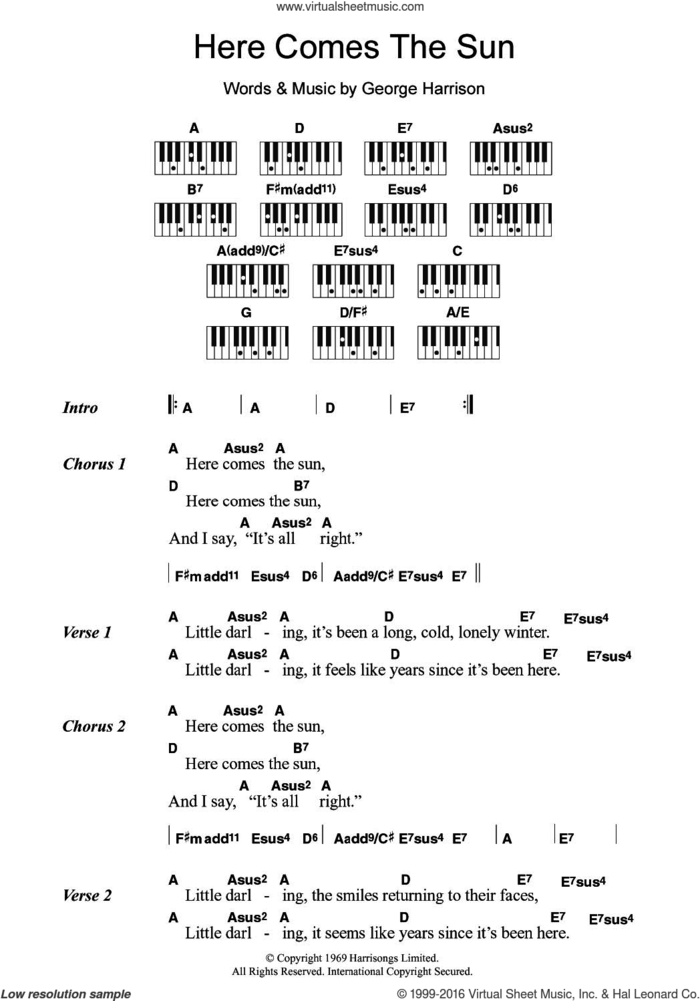 Here Comes The Sun sheet music for piano solo (chords, lyrics, melody) by The Beatles and George Harrison, intermediate piano (chords, lyrics, melody)